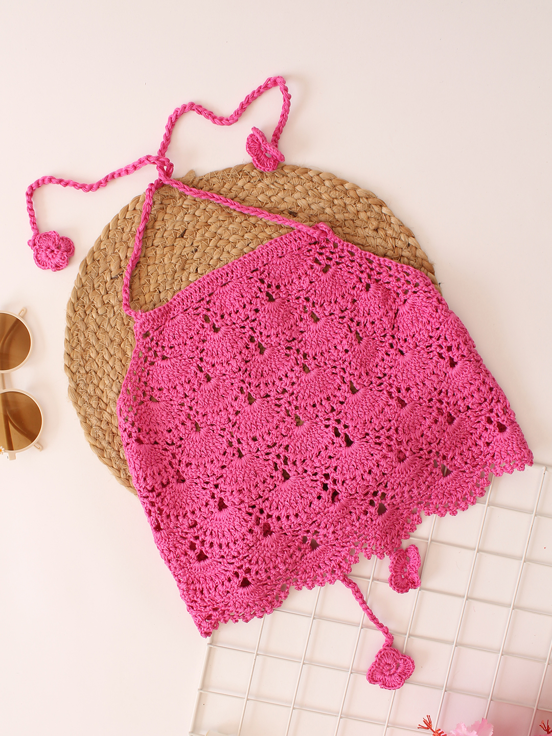 Woonie Handmade Halterneck Shell Stitch Cooton Top - Pink