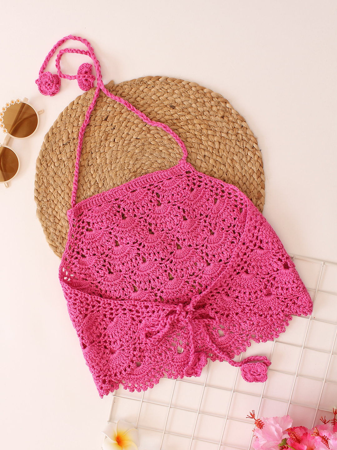 Woonie Handmade Halterneck Shell Stitch Cooton Top - Pink