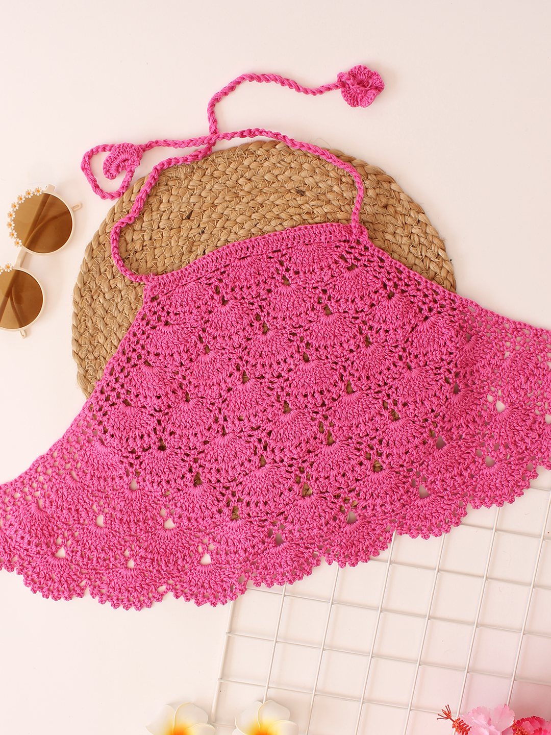 Woonie Handmade Halterneck Shell Stitch Cooton Top - Pink