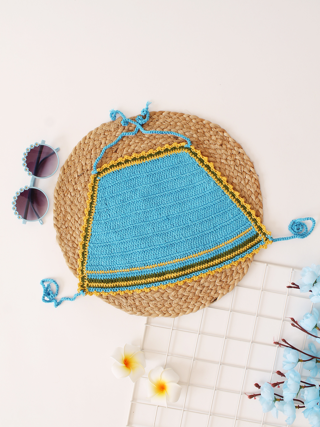 Woonie Handmade Halterneck Self Design Crochet Top - Blue