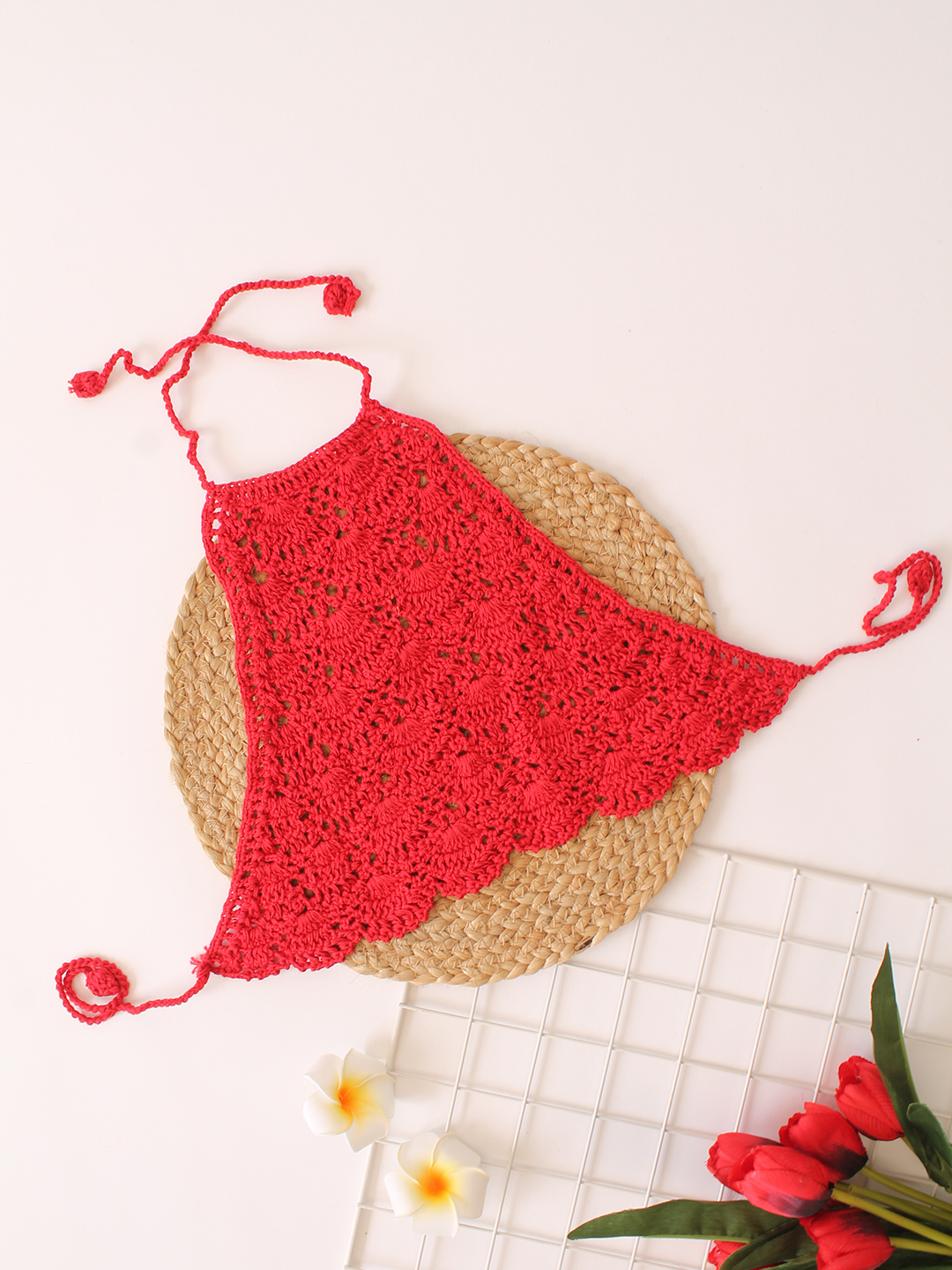 Woonie Handmade Halterneck Shell Stitch Cotton Top - Red