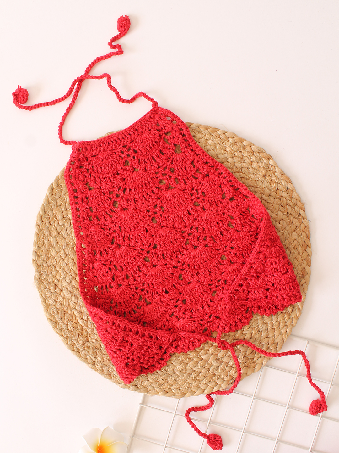 Woonie Handmade Halterneck Shell Stitch Cotton Top - Red