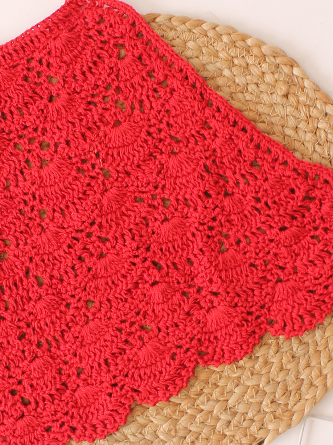 Woonie Handmade Halterneck Shell Stitch Cotton Top - Red