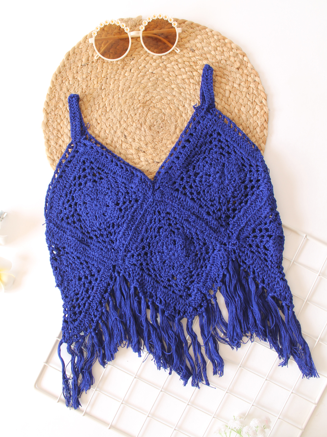 Woonie Handmade Sleeveless Fringes Detailing Crochet Top - Navy