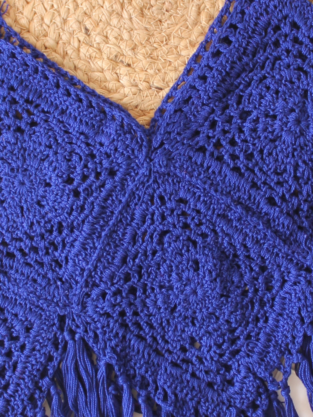 Woonie Handmade Sleeveless Fringes Detailing Crochet Top - Navy