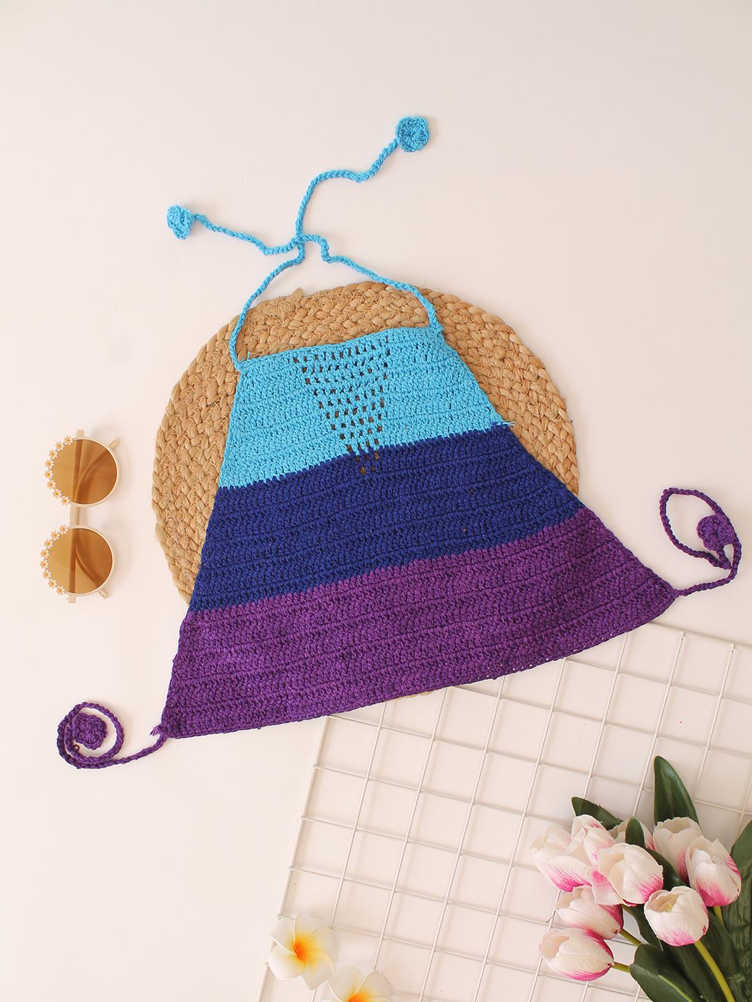 Woonie Handmade Crochet Halterneck Colorblocked Top - Blue