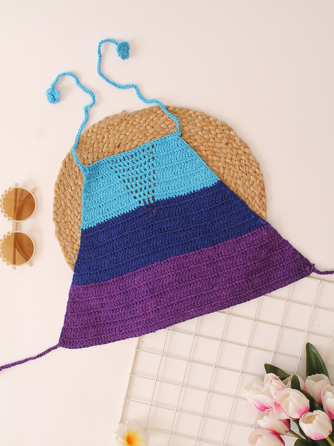 Woonie Handmade Crochet Halterneck Colorblocked Top - Blue