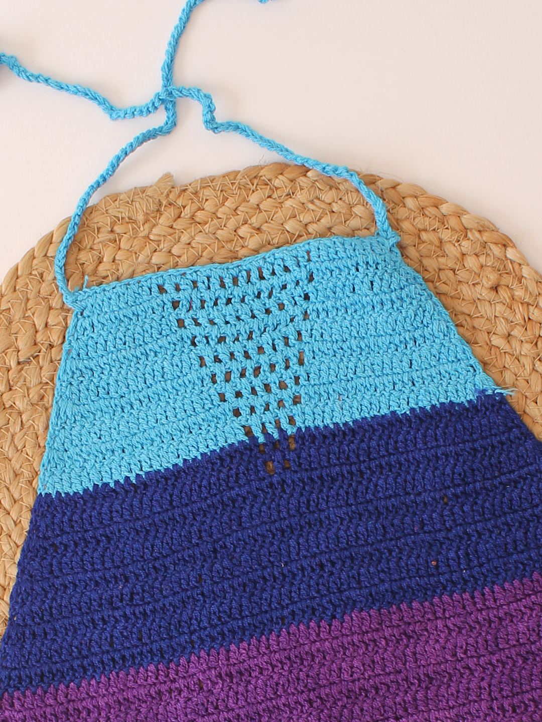 Woonie Handmade Crochet Halterneck Colorblocked Top - Blue