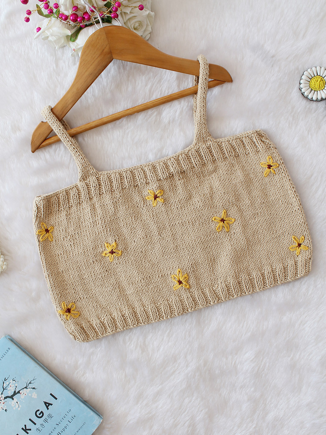Woonie Handknitted Cotton Summer Strappy Top - Beige