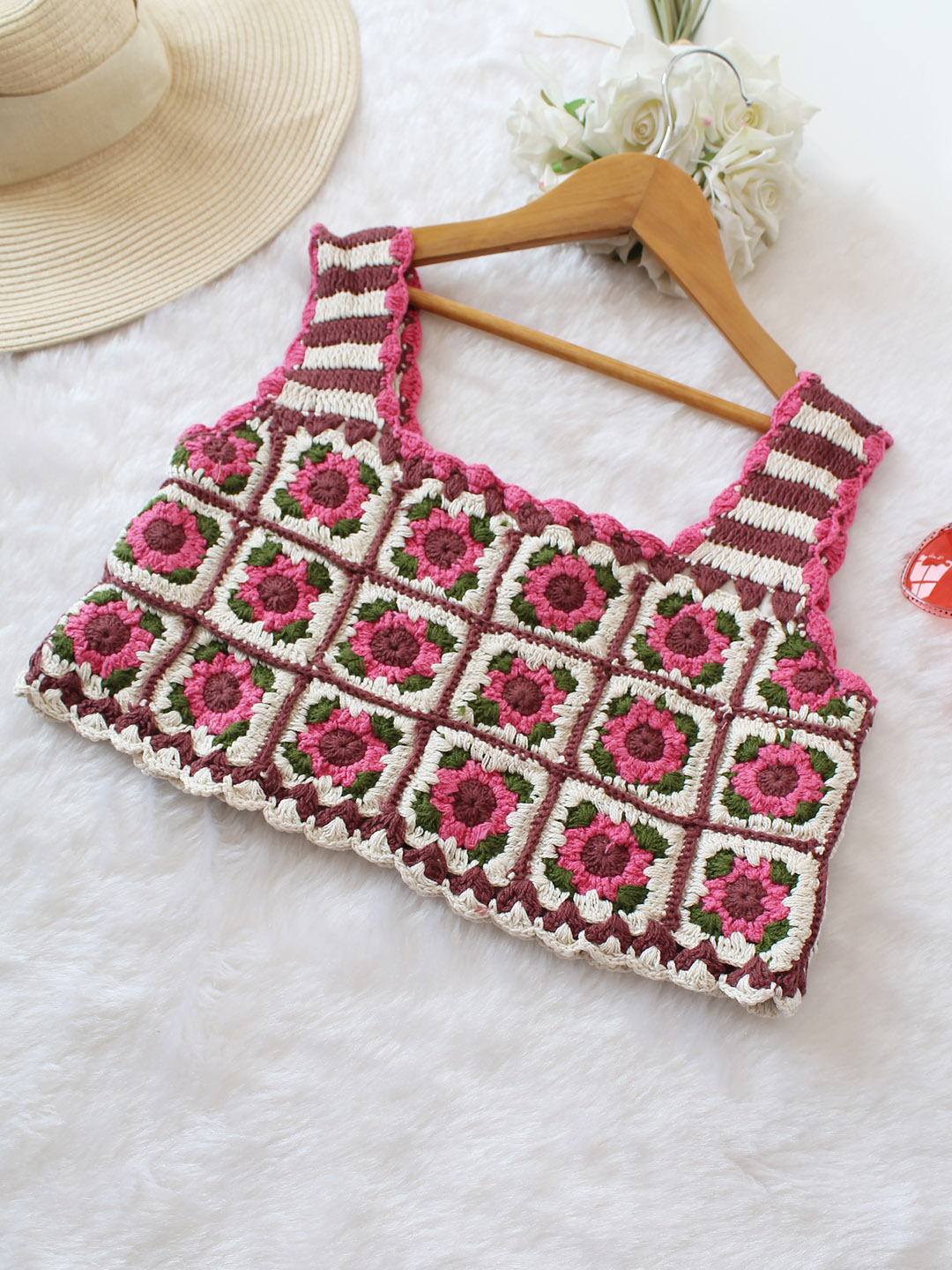 Woonie Crochet Floral Top - Pink
