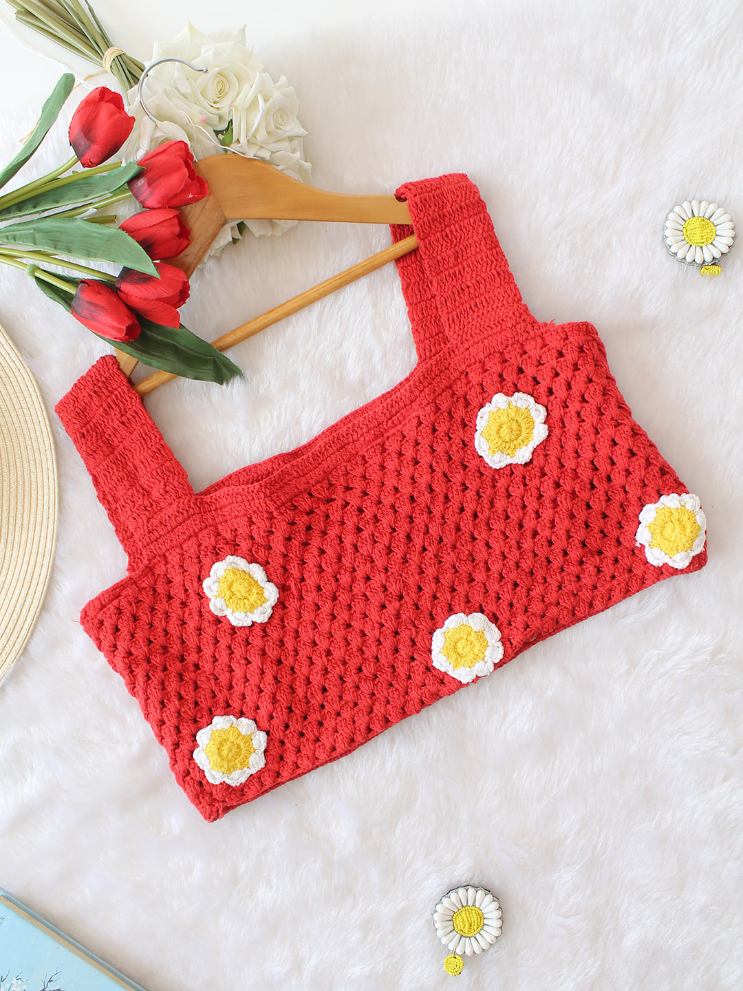 Woonie Crochet Applique Top - Red