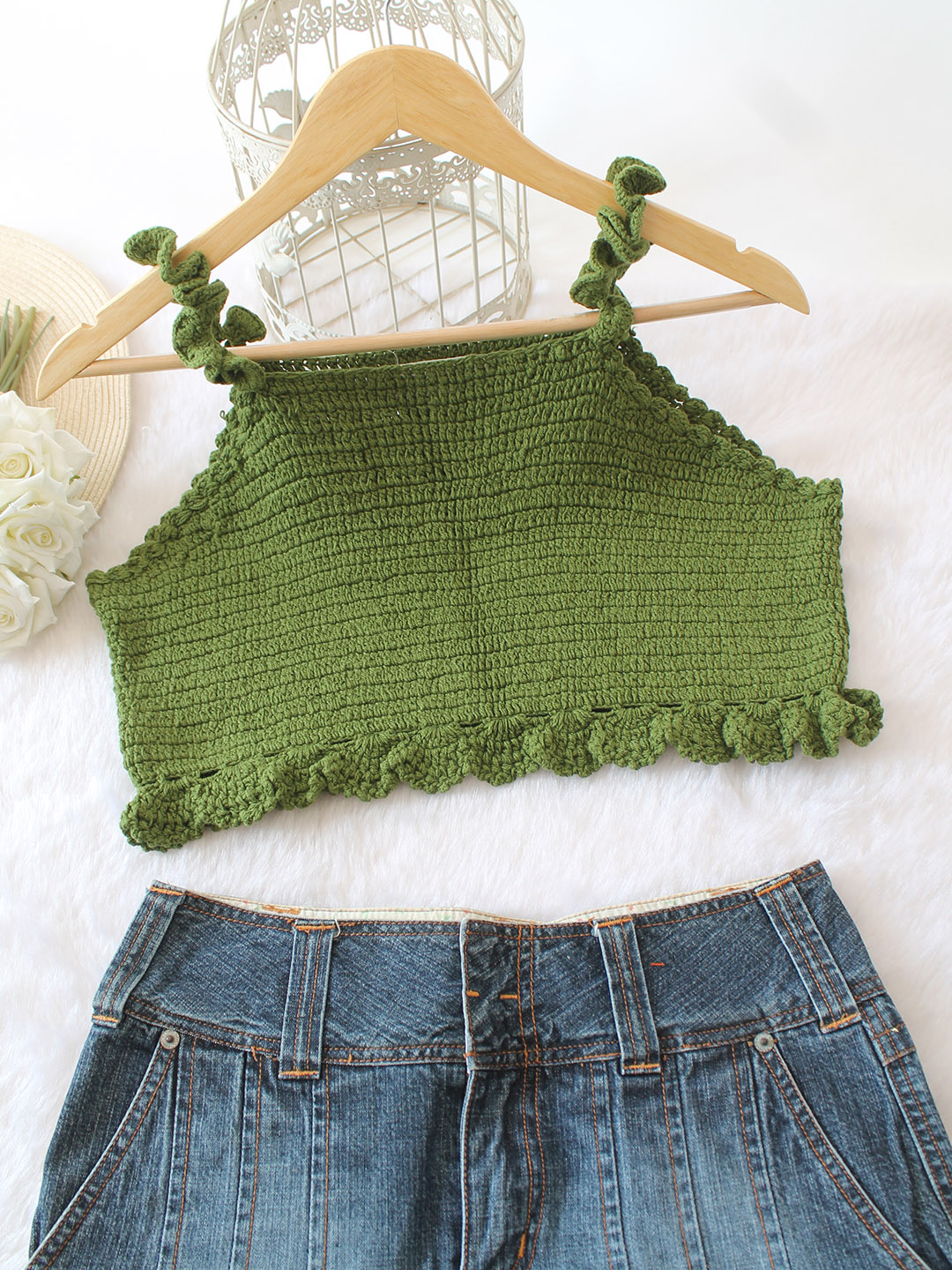 Woonie Crochet Colorblock Top - Green