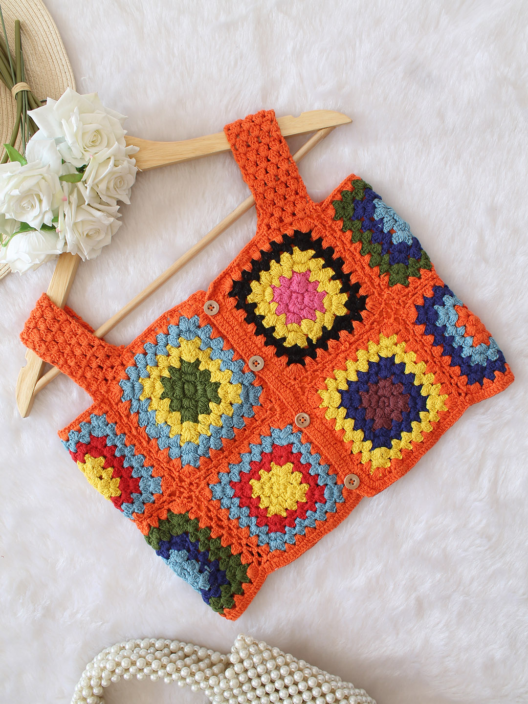 Woonie Crochet Granny Square Top - Orange