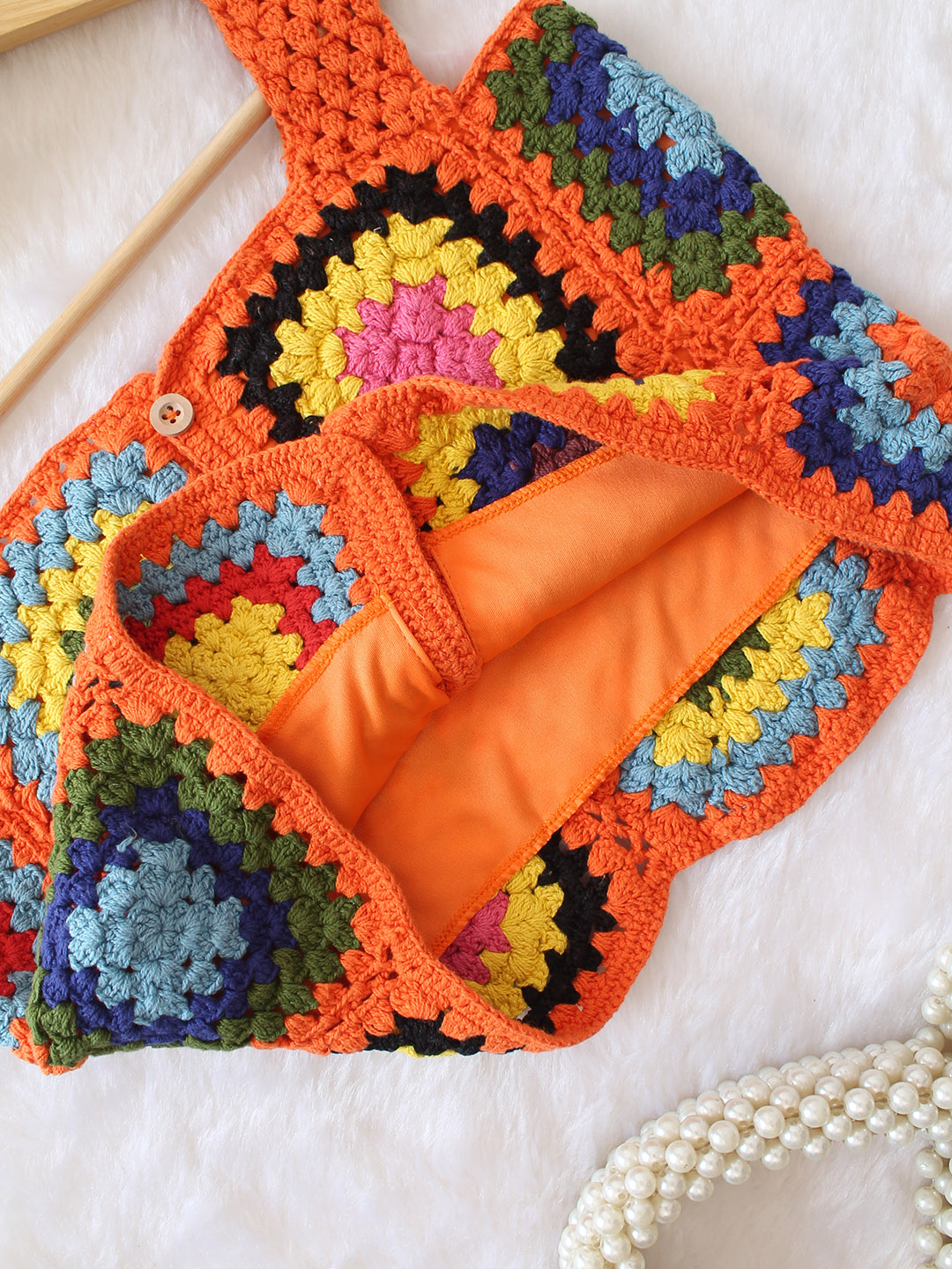 Woonie Crochet Granny Square Top - Orange