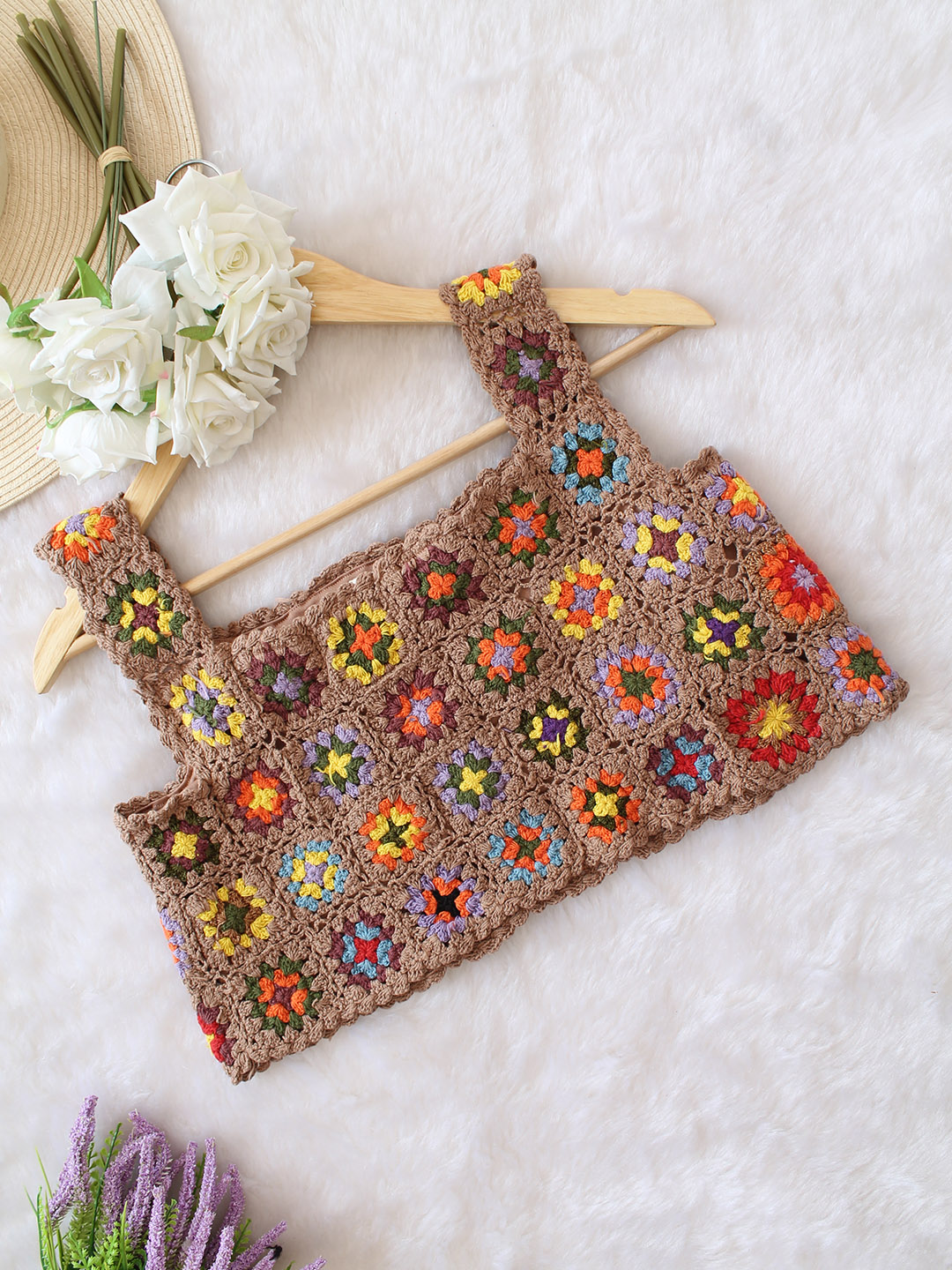 Woonie Crochet Granny Square Top - Beige