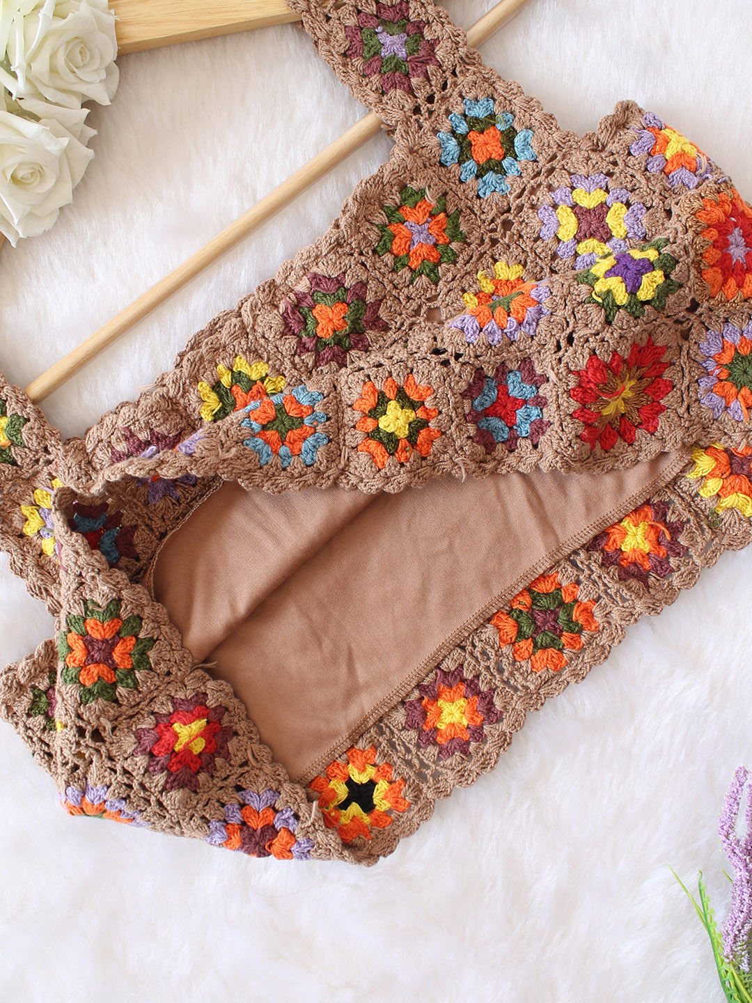 Woonie Crochet Granny Square Top - Beige