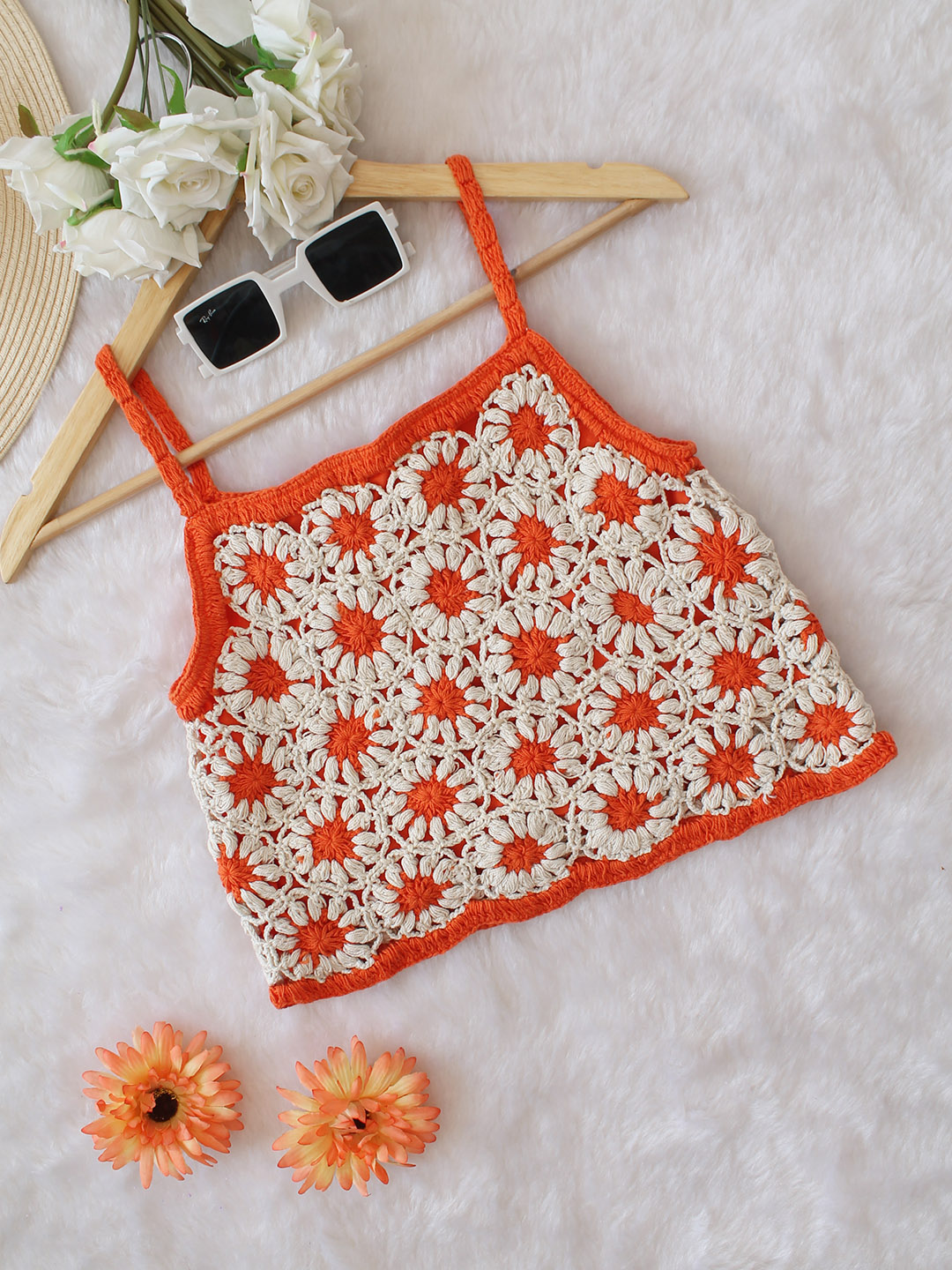 Woonie Handmade Crochet Daisy Top - Orange
