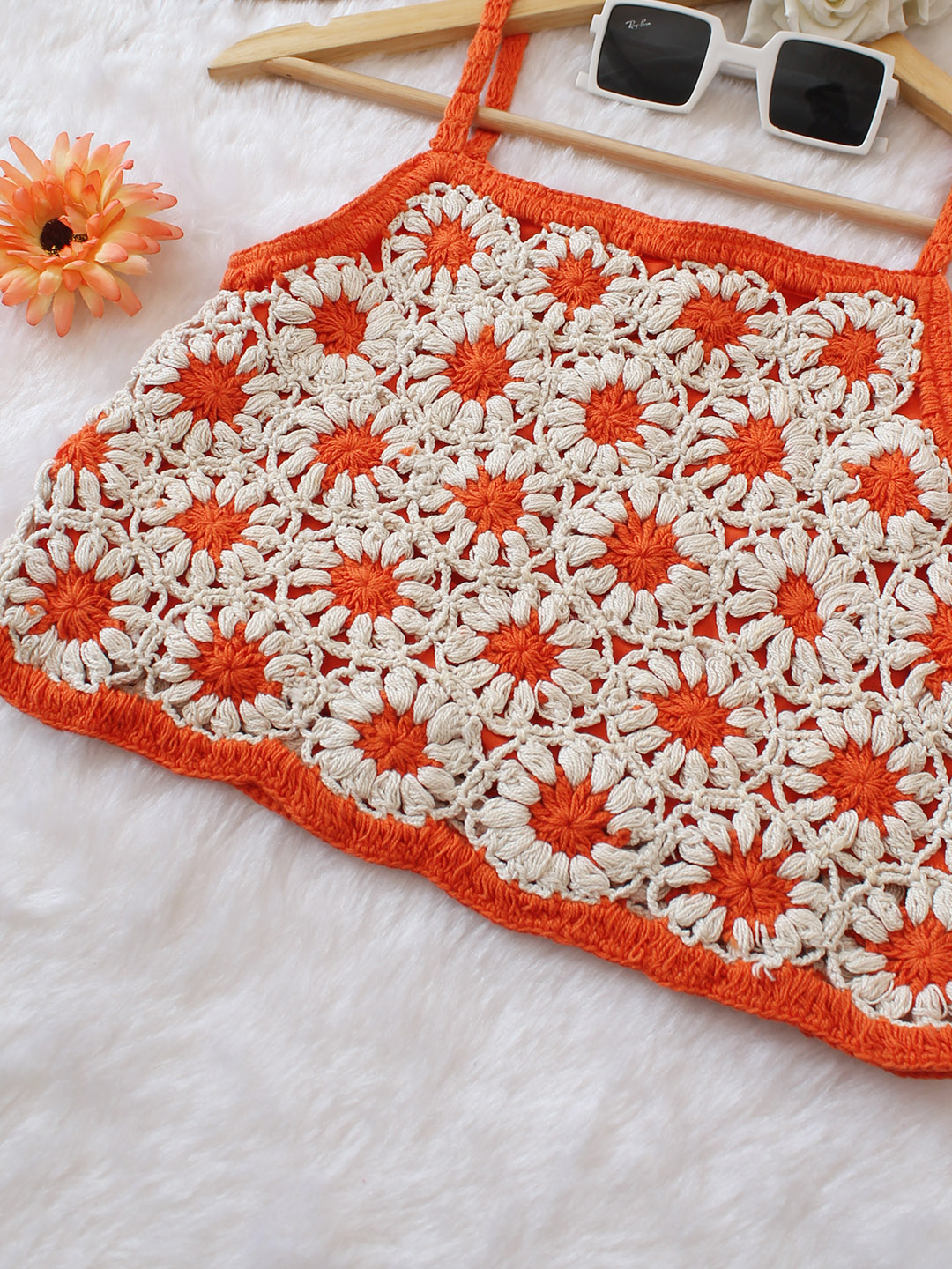 Woonie Handmade Crochet Daisy Top - Orange