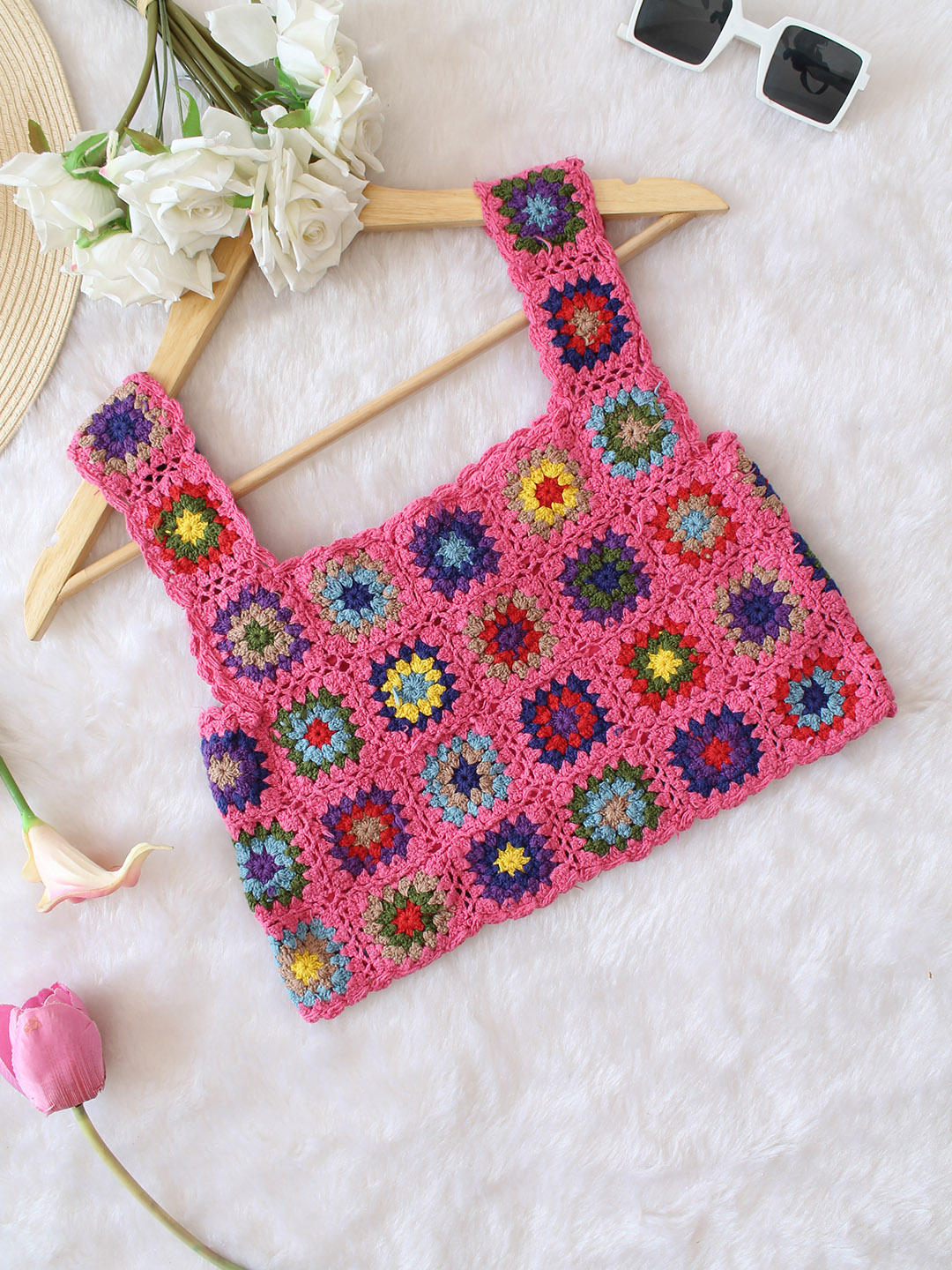 Woonie Handmade Crochet Colorful Top - Pink