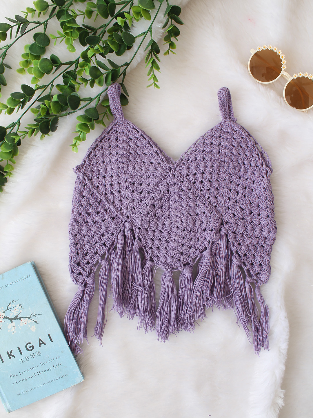 Woonie Handmade Sleeveless Fringes Detailing Crochet Top - Purple