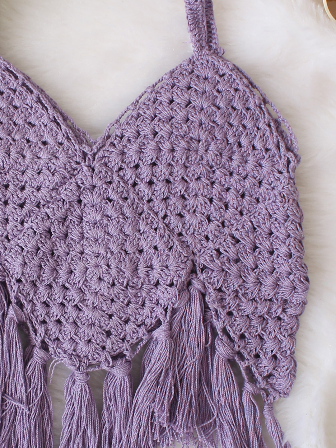 Woonie Handmade Sleeveless Fringes Detailing Crochet Top - Purple
