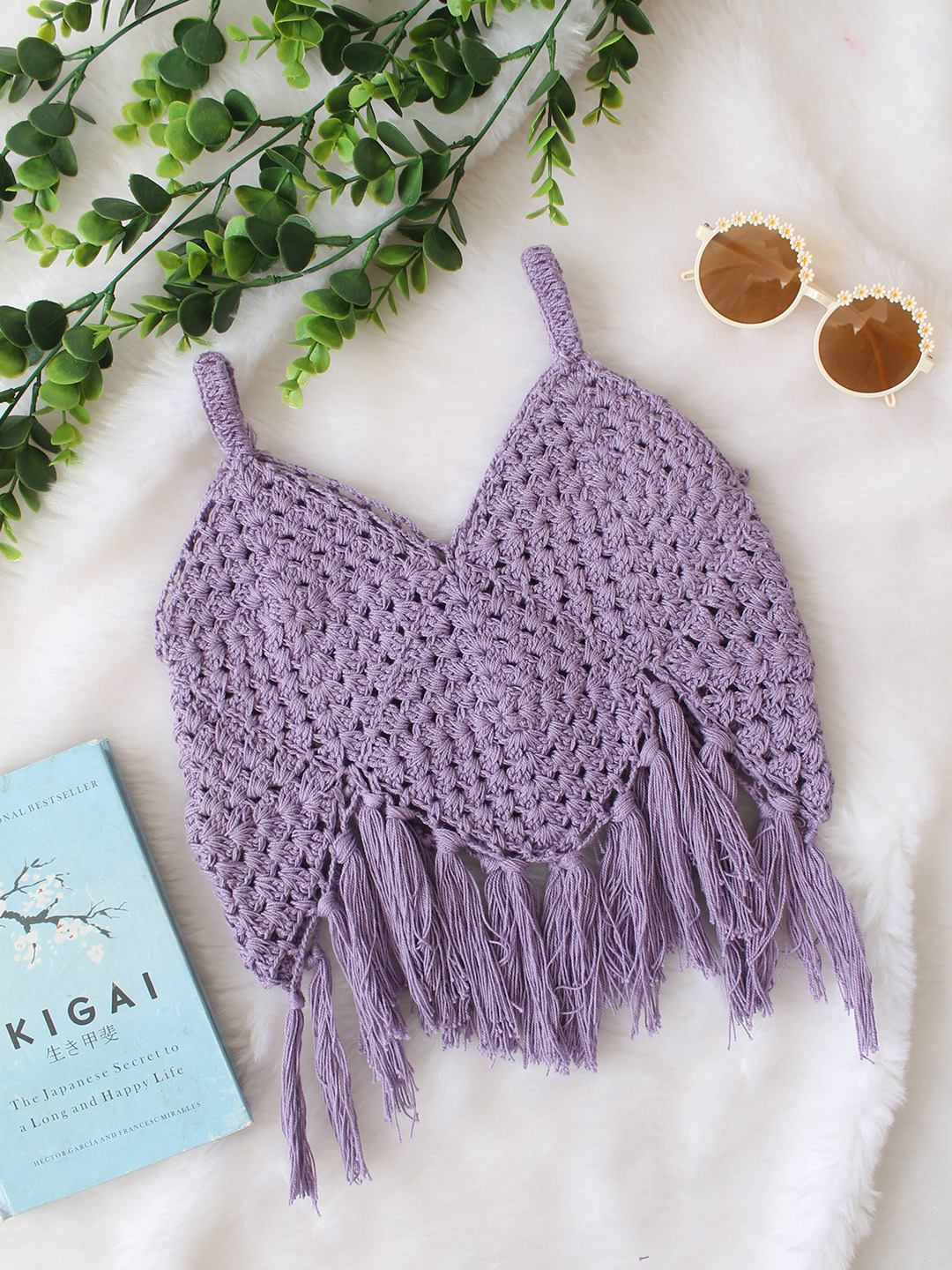 Woonie Handmade Sleeveless Fringes Detailing Crochet Top - Purple
