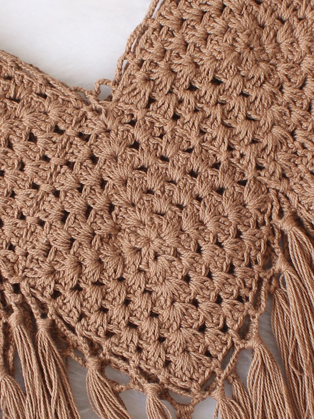 Woonie Handmade Sleeveless Fringes Detailing Crochet Top - Brown