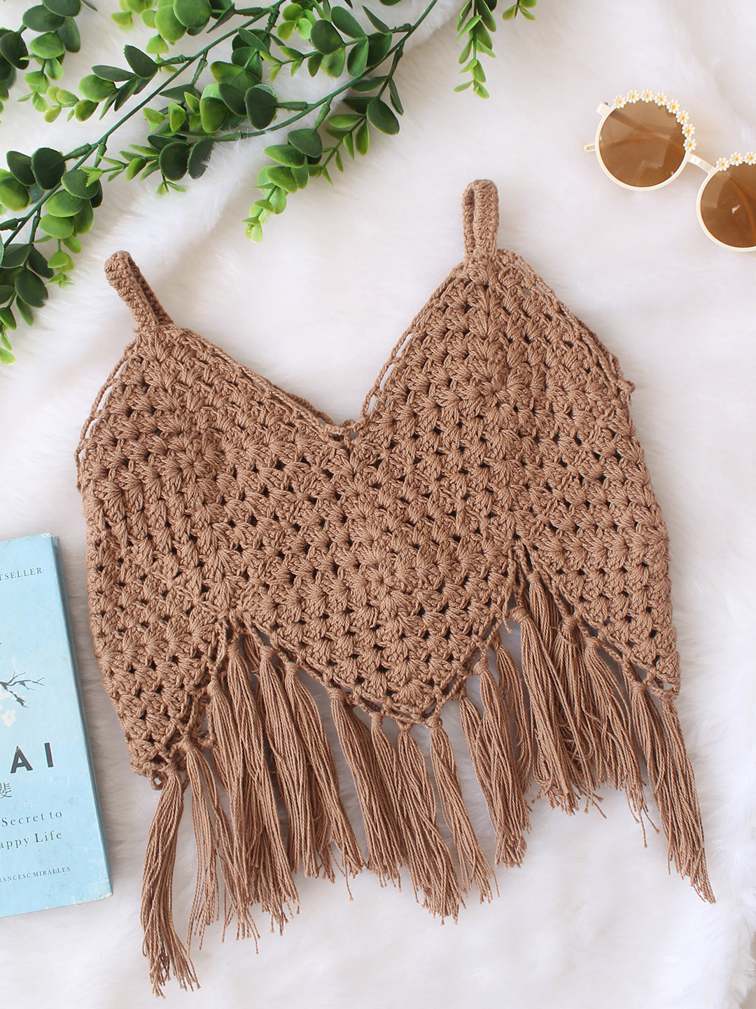 Woonie Handmade Sleeveless Fringes Detailing Crochet Top - Brown