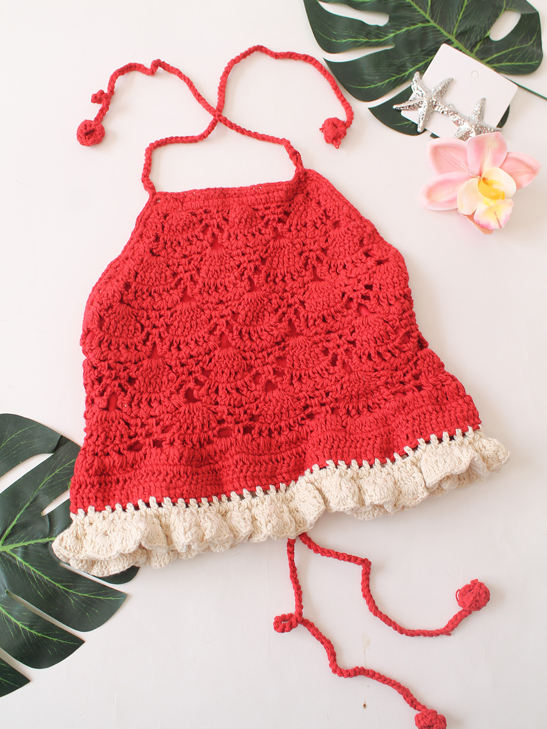 Woonie Self Design Halterneck Top  Red