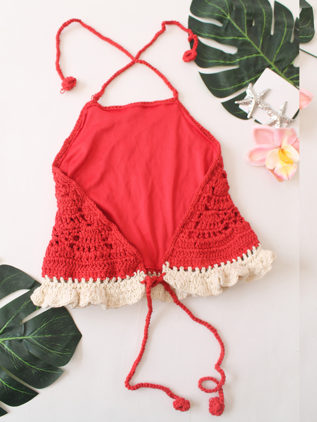 Woonie Self Design Halterneck Top  Red