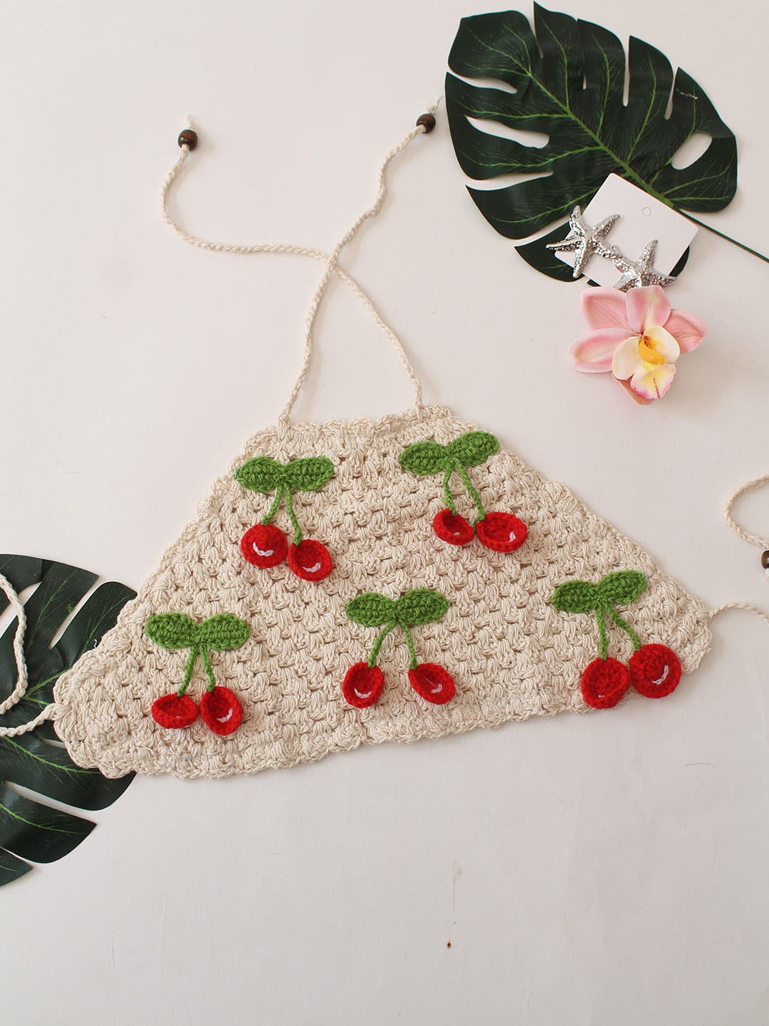 Woonie Cherry Design Halterneck Top - White