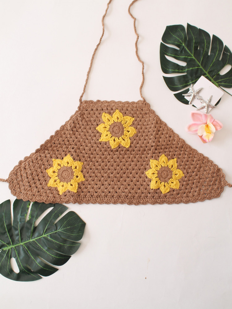 Image of Woonie Floral Design Halterneck Top - Beige