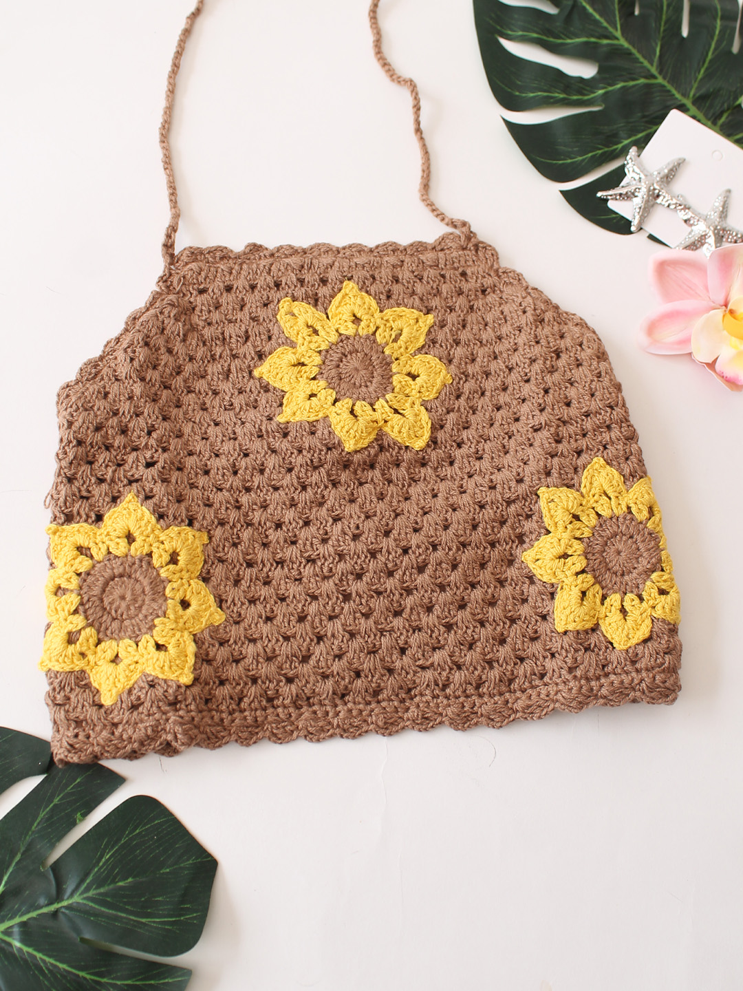 Woonie Floral Design Halterneck Top  Beige