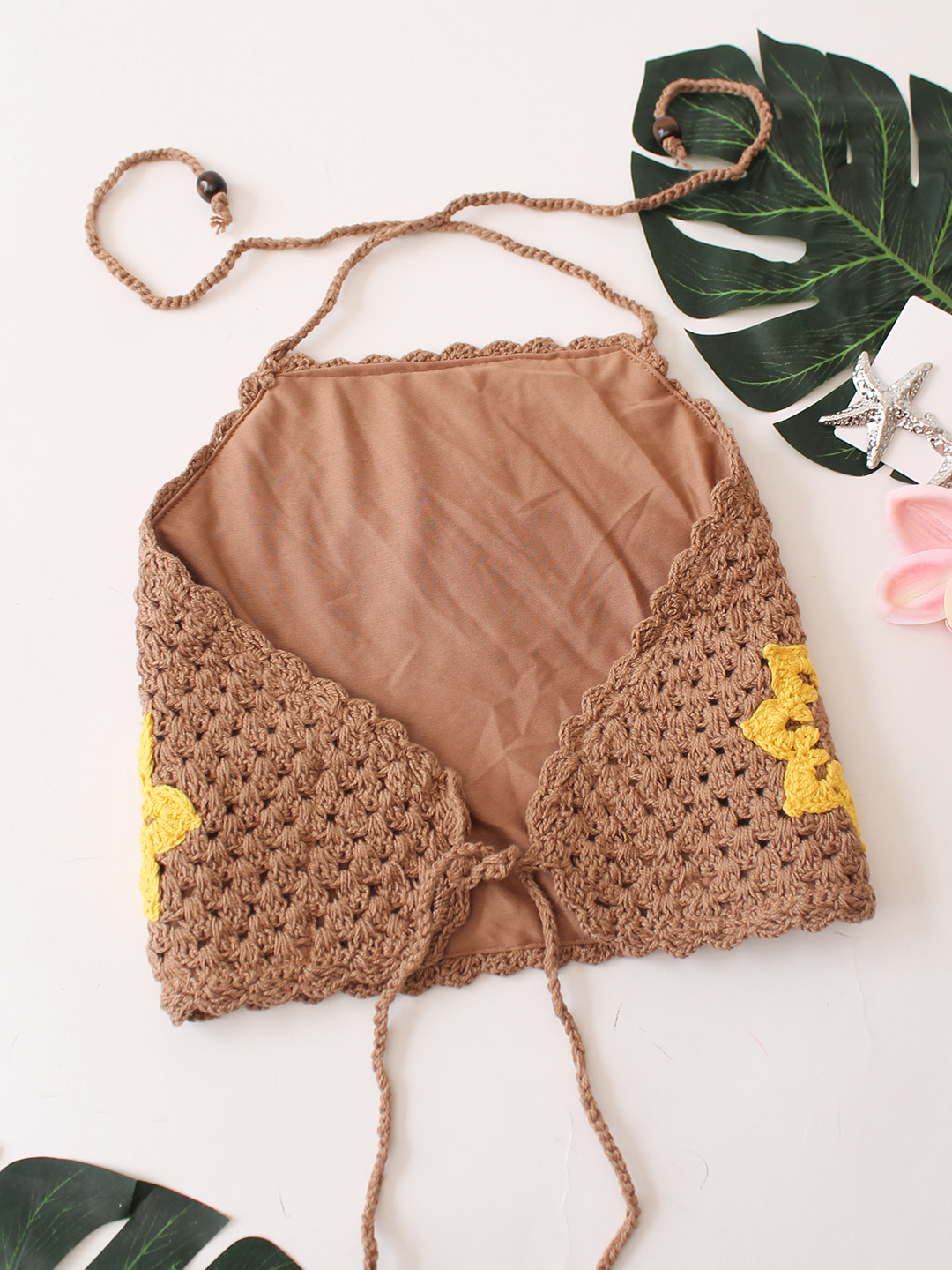 Woonie Floral Design Halterneck Top  Beige