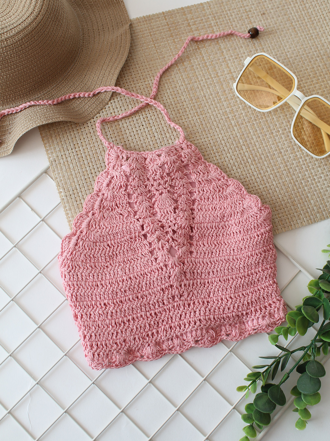 Woonie Self Design Halterneck Top  Pink