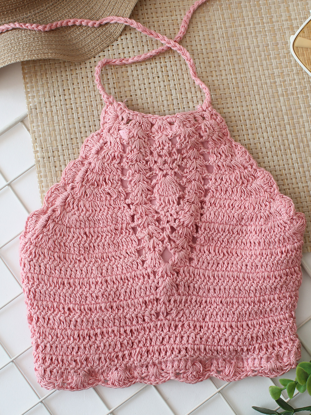 Woonie Self Design Halterneck Top  Pink