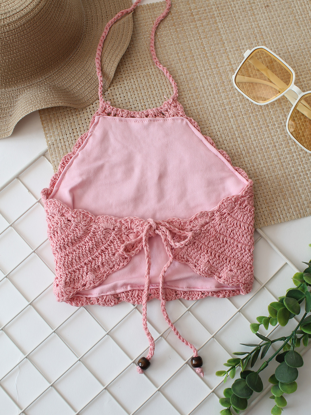 Woonie Self Design Halterneck Top  Pink