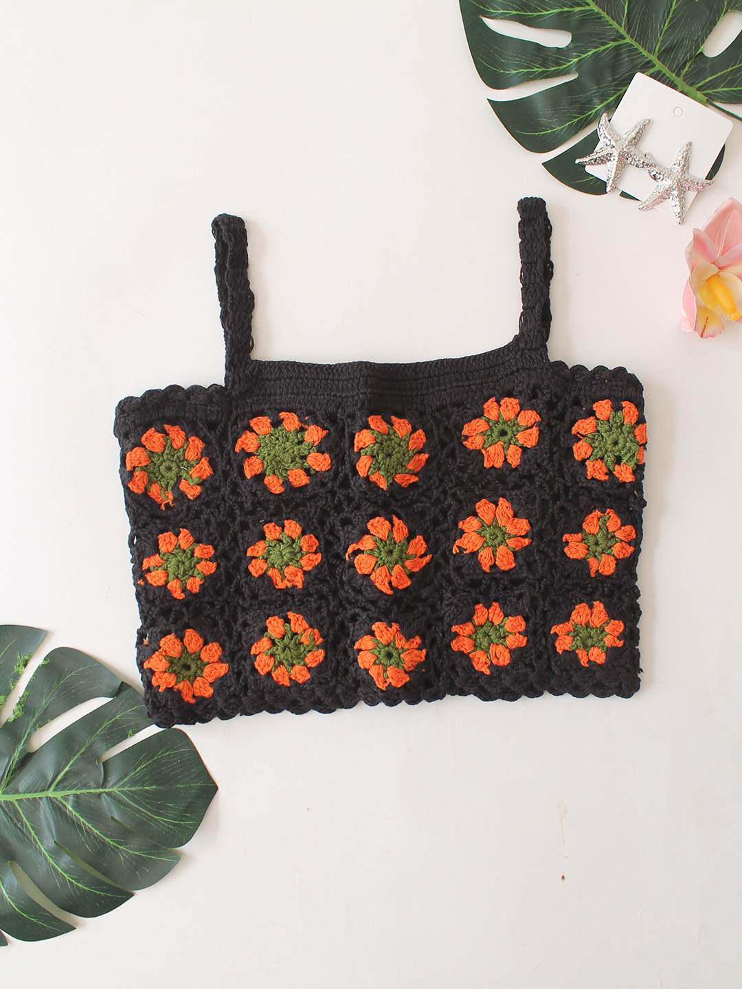 Woonie Floral Design Top  Black