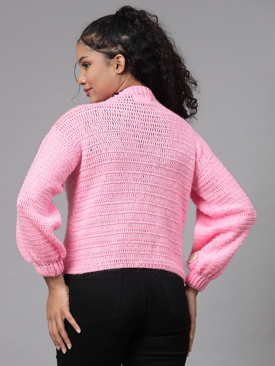 Cute Oversized Cardigan with Flowers for Women - Pink