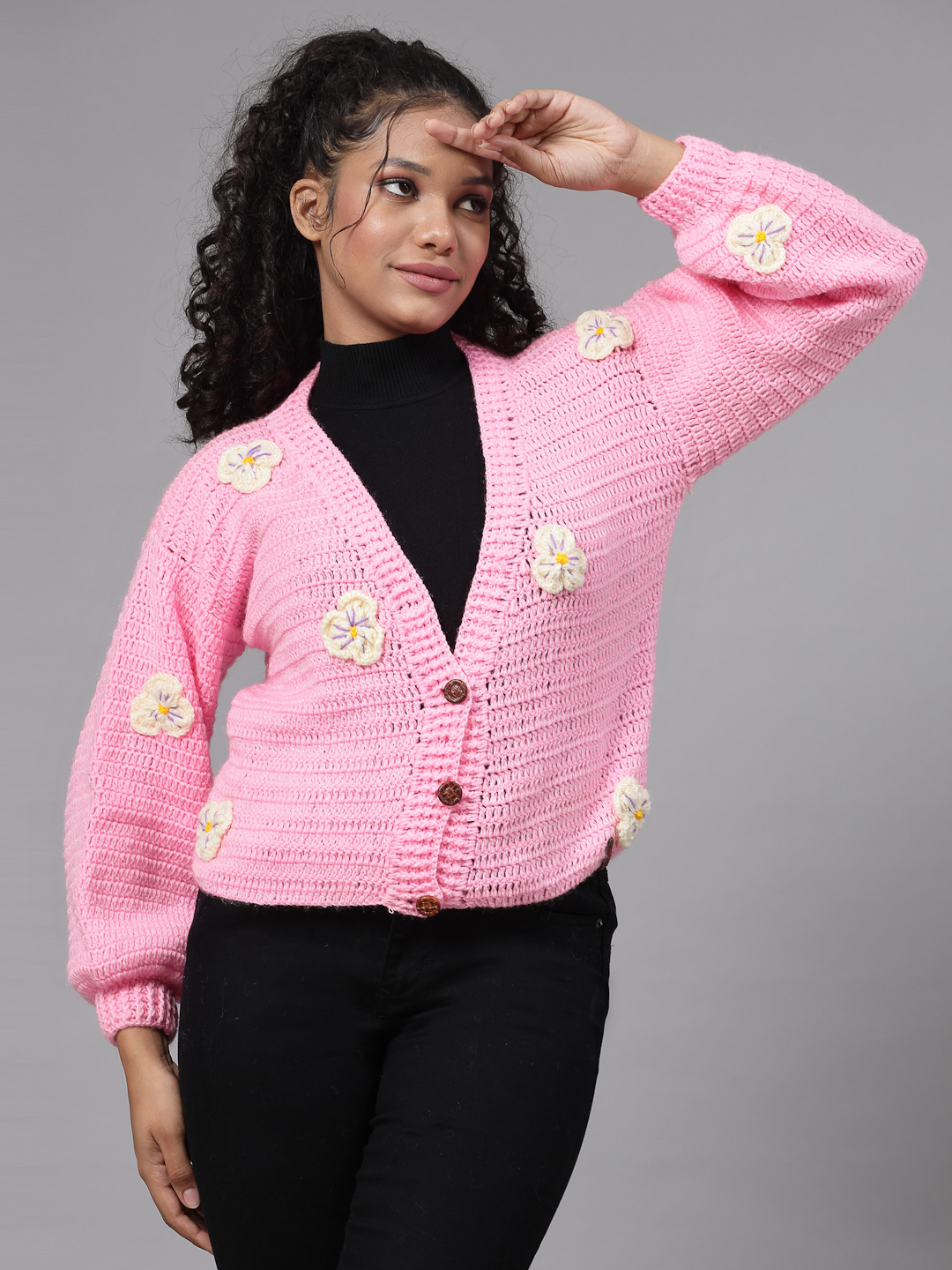 Cute Oversized Cardigan with Flowers for Women - Pink