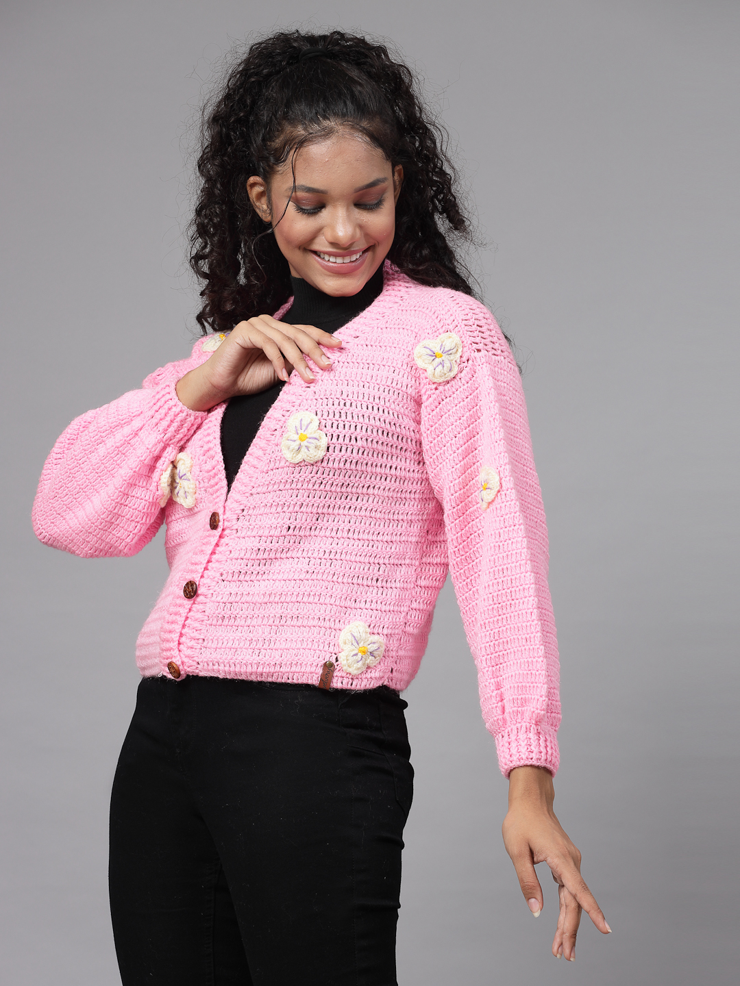 Cute Oversized Cardigan with Flowers for Women - Pink