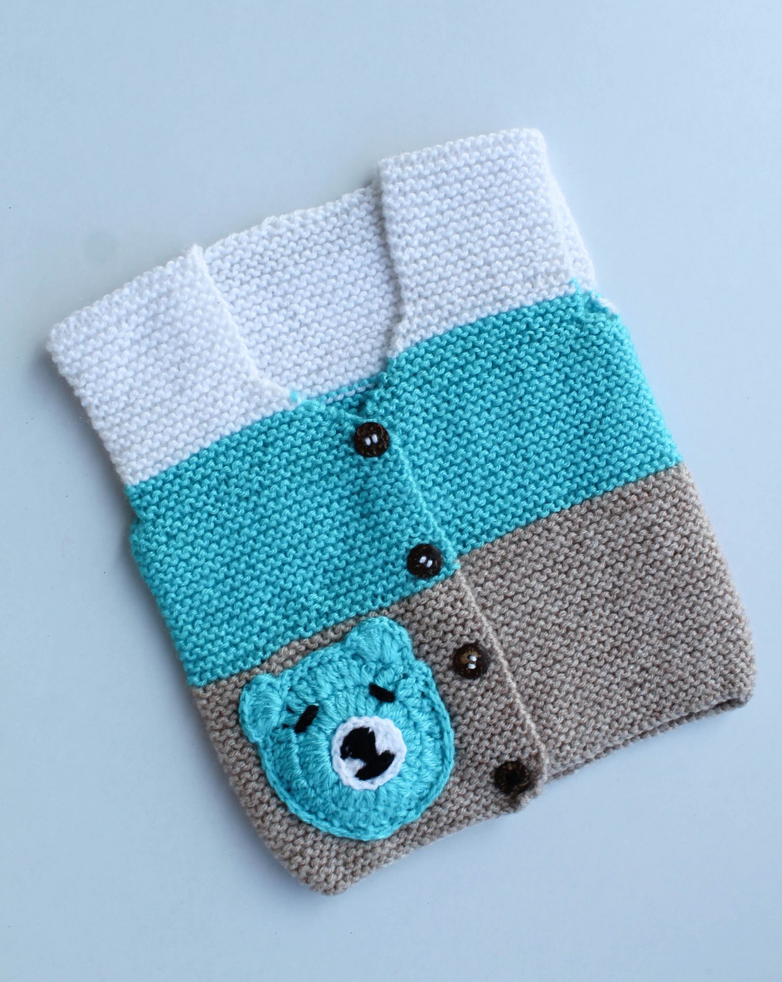 Front Openable Blue & White With Colour Teddy Face Woolen Vest
