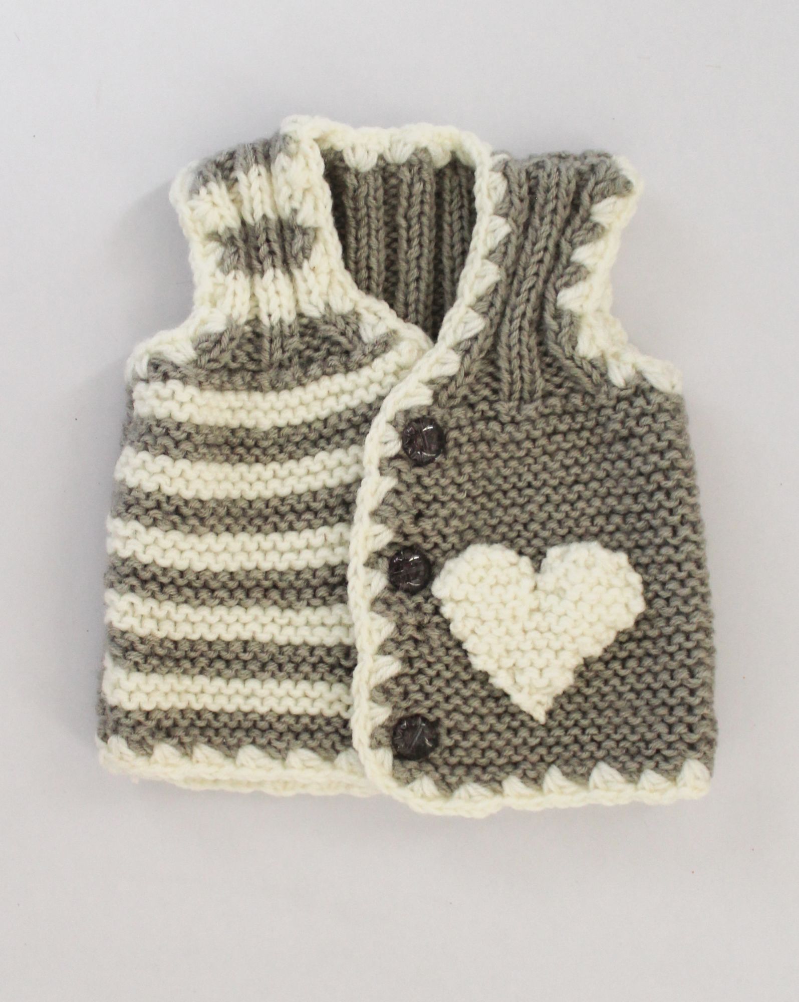 Front Openable Grey & White Stripped Woolen Vest With Heart Patch