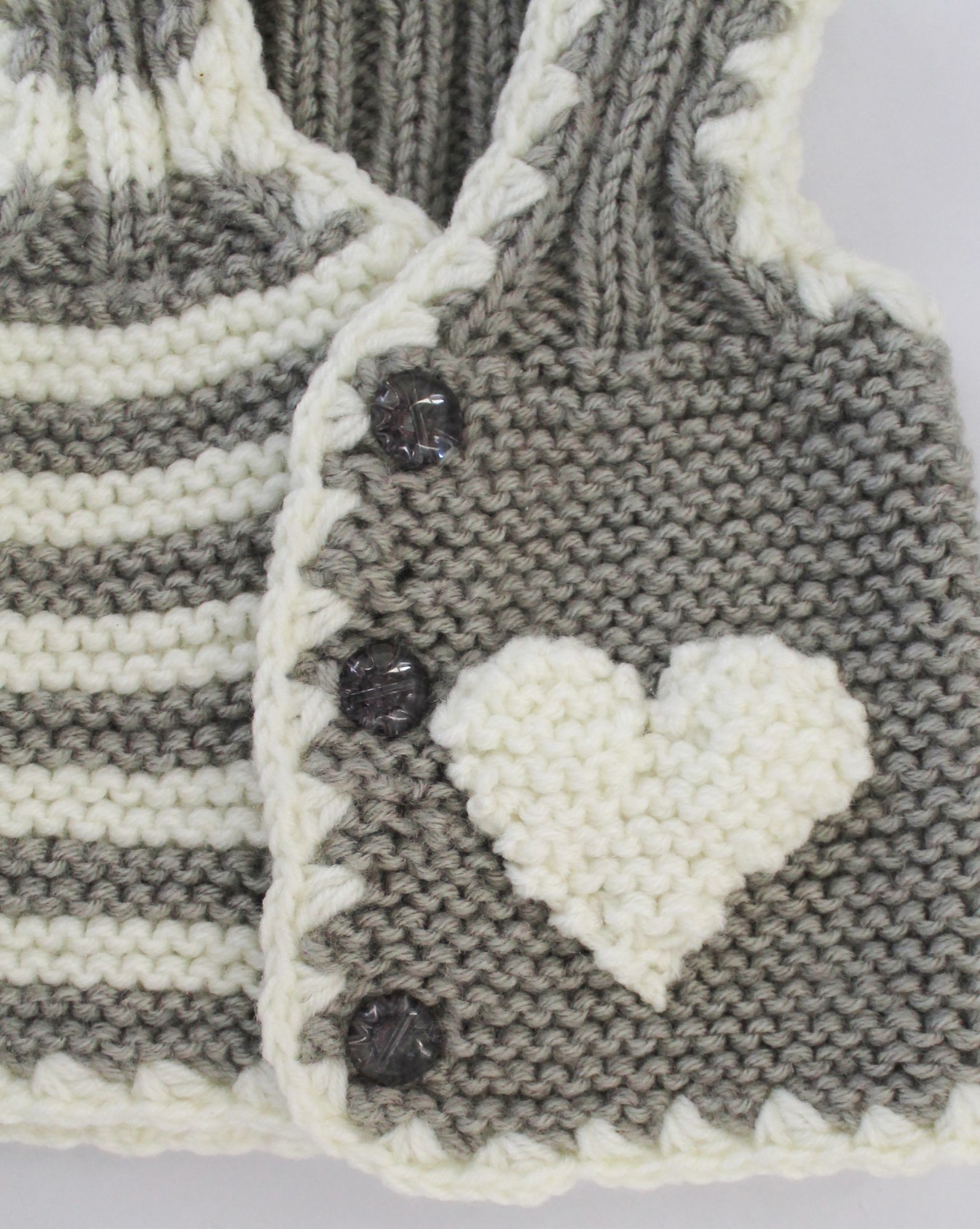 Front Openable Grey & White Stripped Woolen Vest With Heart Patch