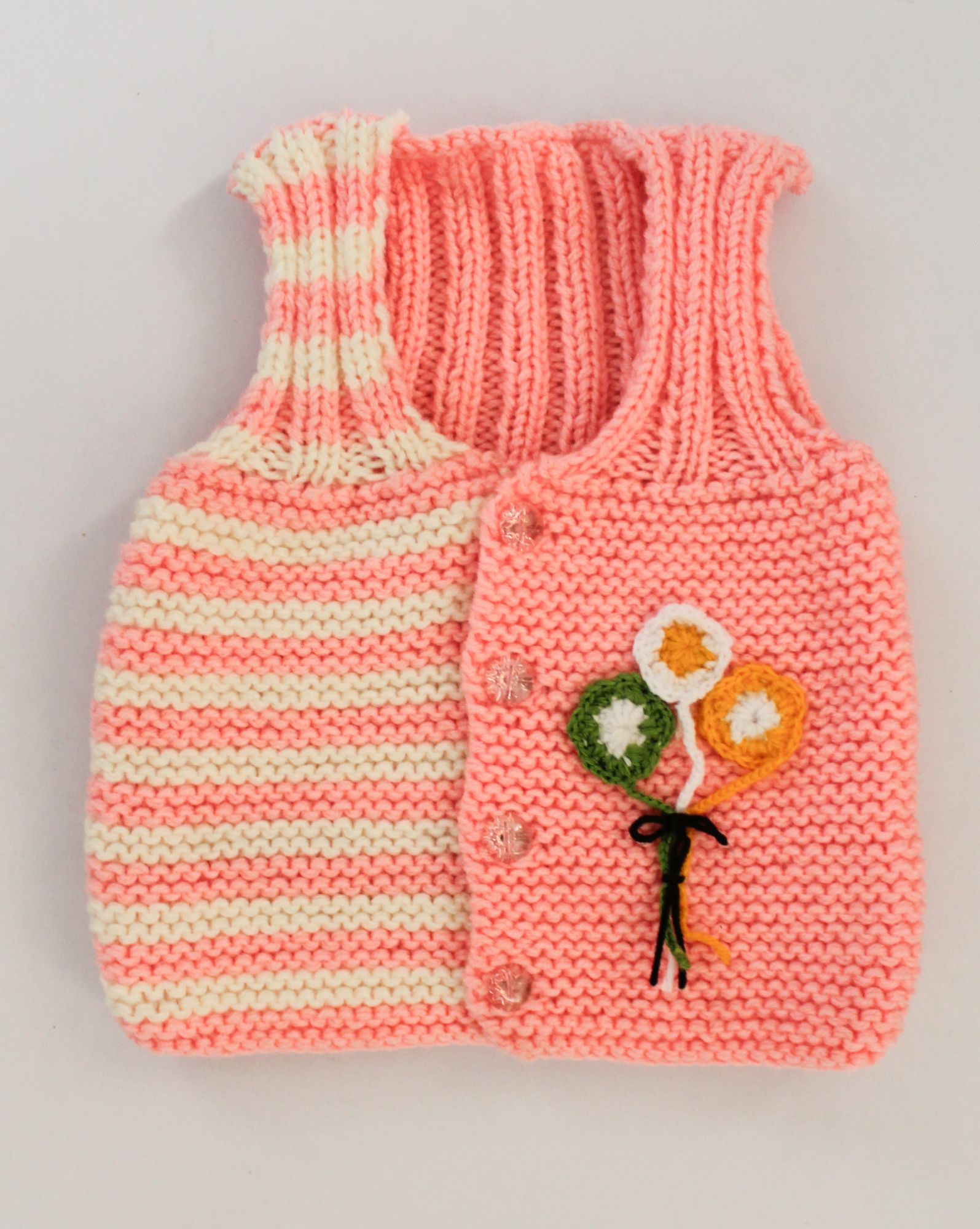 Front Openable Peach & White Stripped Woolen Vest With Flower Bunch