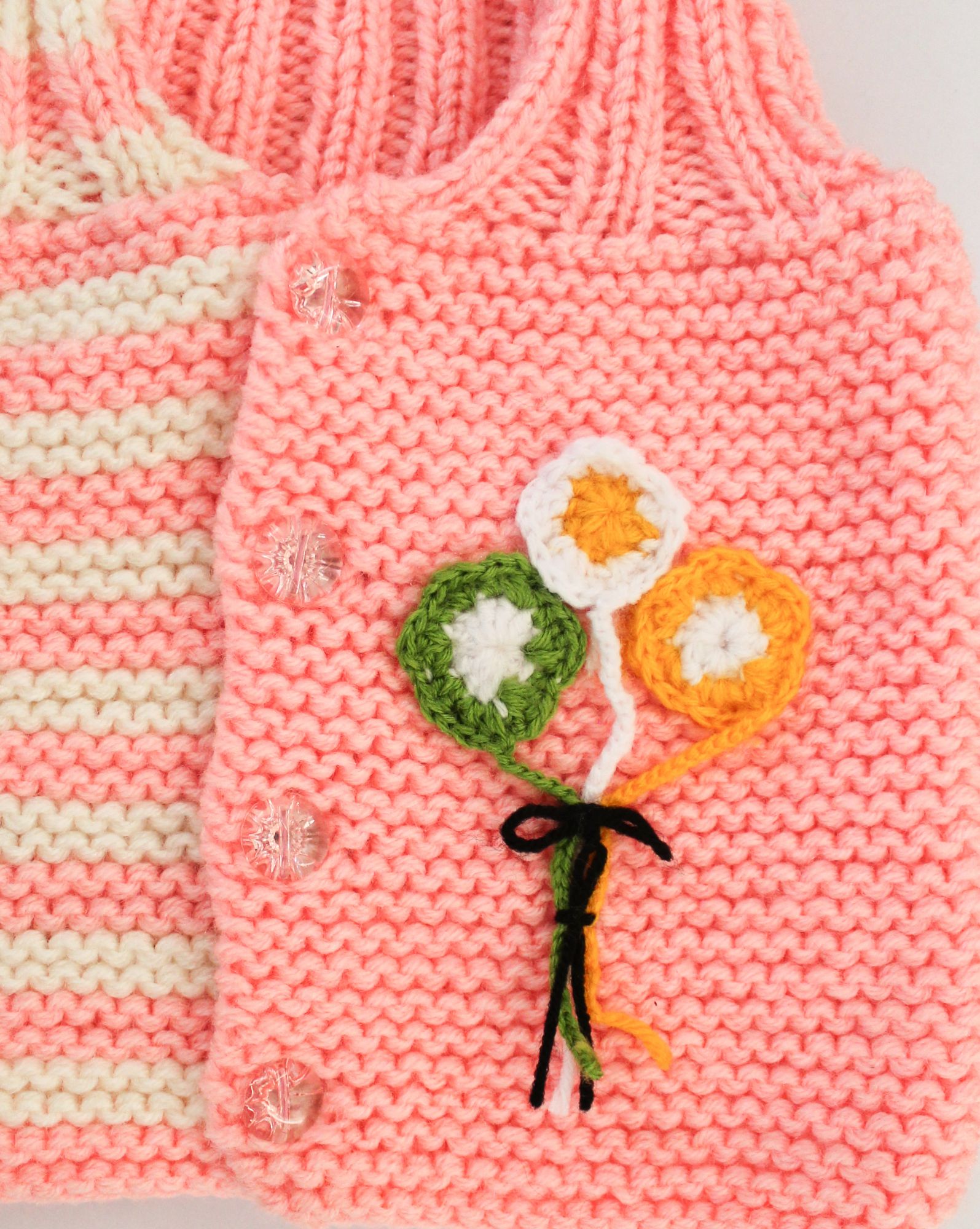 Front Openable Peach & White Stripped Woolen Vest With Flower Bunch