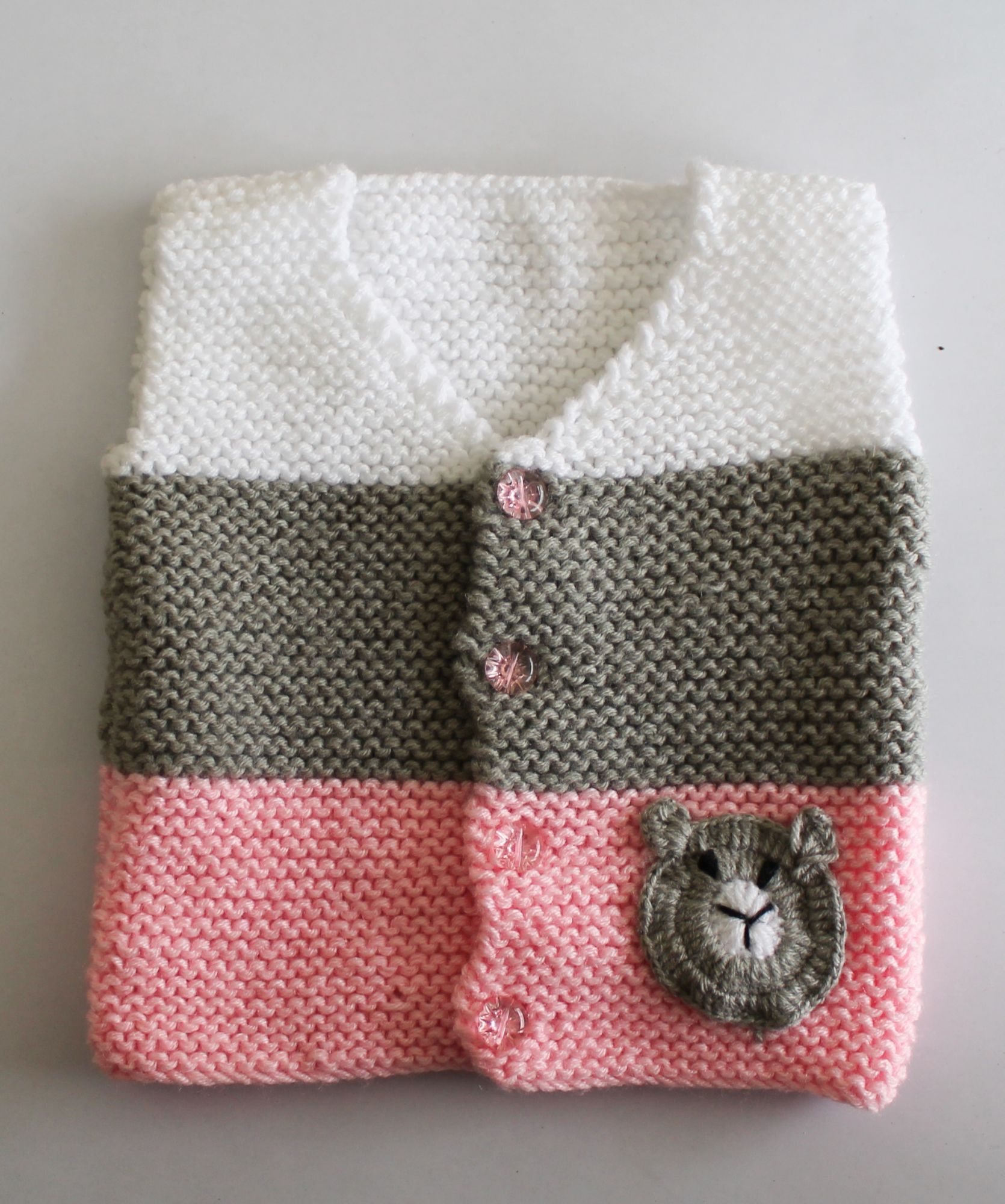 Front Openable Pink and Grey With Teddy Face Woolen Vest