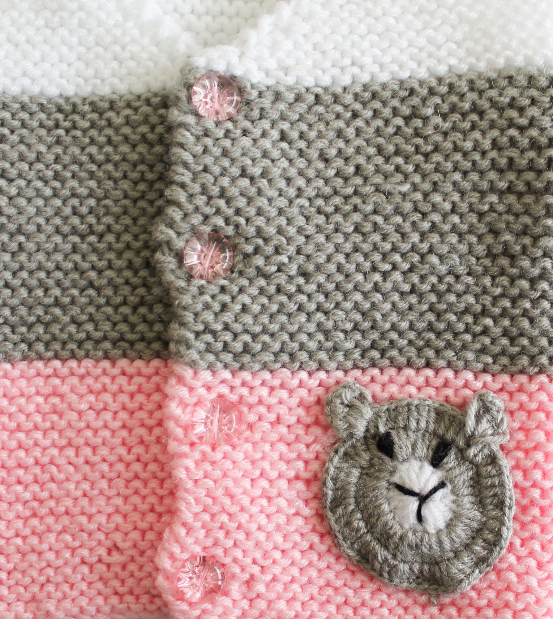 Front Openable Pink and Grey With Teddy Face Woolen Vest