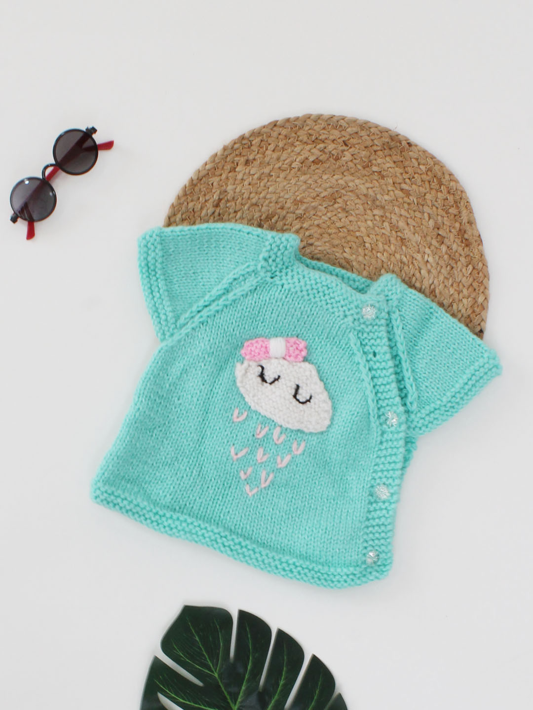 Woonie Handmade Short Sleeves Cloud With Rain Detailing Side Buttoned Design Knitted Vest-Green