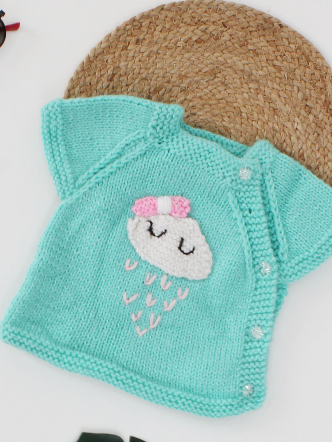 Woonie Handmade Short Sleeves Cloud With Rain Detailing Side Buttoned Design Knitted Vest-Green